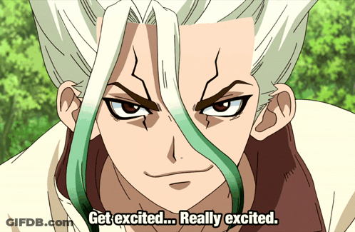 A Cartoon Character Says " Get Excited ... Really Excited " At The Bottom GIF