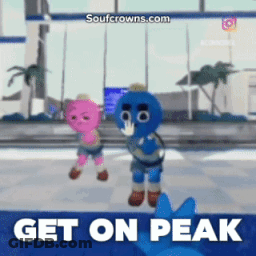 A Cartoon Character Says " Get On Peak " In A Video Game GIF