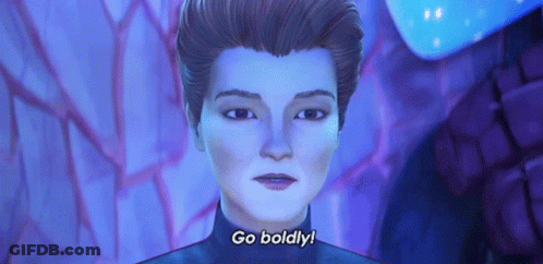 A Cartoon Character Says Go Boldly In A Purple Room . GIF