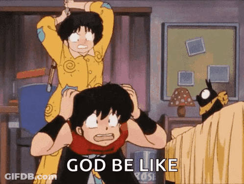 A Cartoon Character Says God Be Like In Front Of A Cat GIF