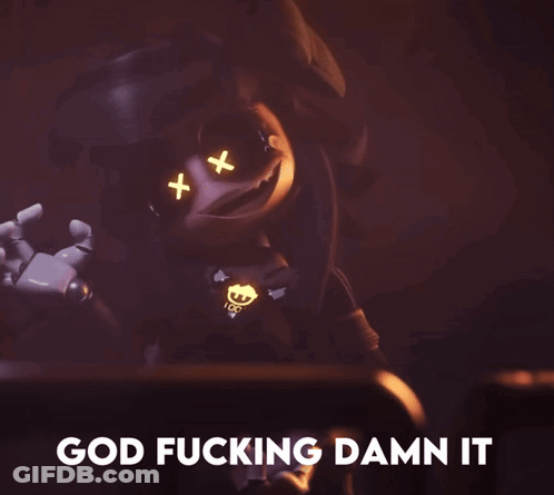 A Cartoon Character Says God Fucking Damn It In A Dark Room GIF