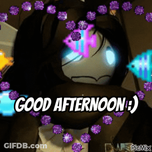 A Cartoon Character Says Good Afternoon With Purple Flowers Surrounding It GIF