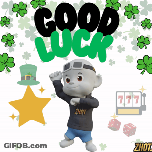 A Cartoon Character Says Good Luck With Shamrocks In The Background GIF