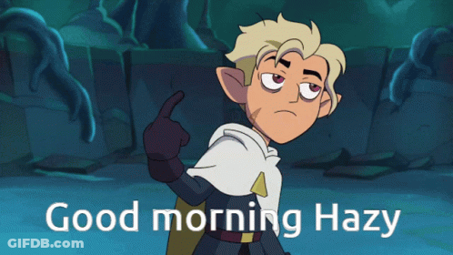 A Cartoon Character Says " Good Morning Hazy " In Front Of A Statue GIF