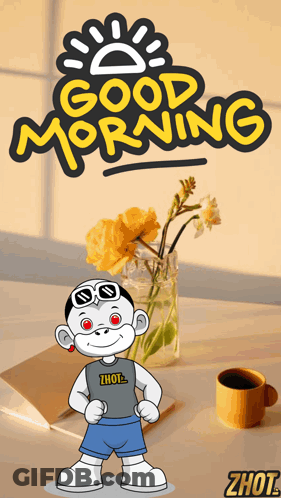 A Cartoon Character Says Good Morning With A Vase Of Flowers GIF