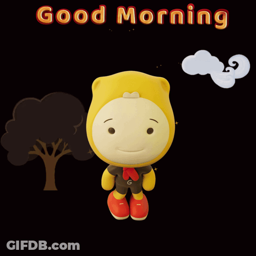 A Cartoon Character Says Good Morning With The Sun And Clouds GIF