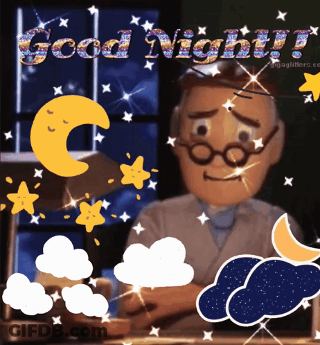 A Cartoon Character Says Good Night With A Crescent Moon In The Background GIF