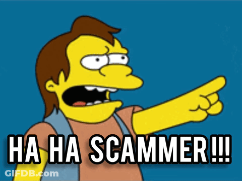 A Cartoon Character Says " Ha Ha Scammer " While Pointing His Finger GIF