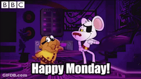A Cartoon Character Says Happy Monday In A Purple Room . GIF