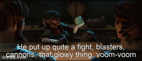 A Cartoon Character Says He Put Up Quite A Fight Blasters Cannons That Glowy Thing GIF