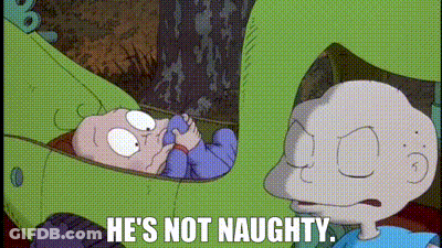 A Cartoon Character Says He 'S Not Naughty Next To A Baby GIF