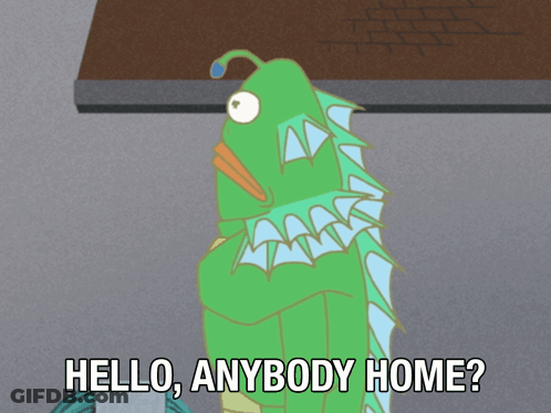 A Cartoon Character Says Hello Anybody Home In Front Of A Brick Building GIF