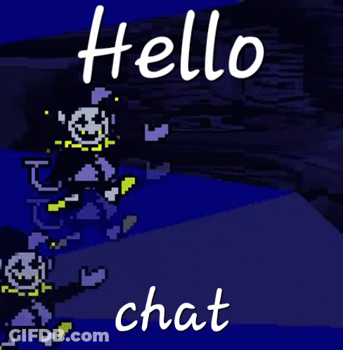 A Cartoon Character Says Hello Chat In White Letters GIF