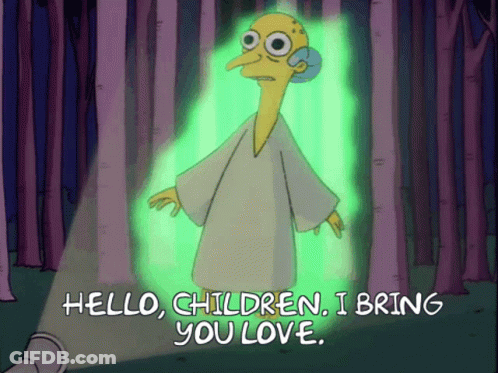 A Cartoon Character Says Hello Children I Bring You Love In A Forest GIF