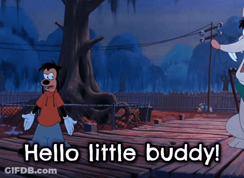 A Cartoon Character Says Hello Little Buddy While Standing On A Dock GIF