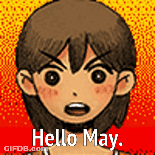 A Cartoon Character Says Hello May In White Letters On A Red Background GIF