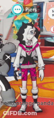 A Cartoon Character Says Hello Orange Panda In Front Of A Sign That Says Piers GIF