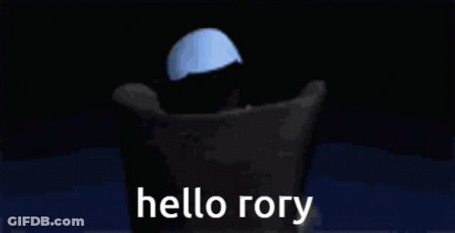 A Cartoon Character Says Hello Rory While Sitting In A Chair . GIF