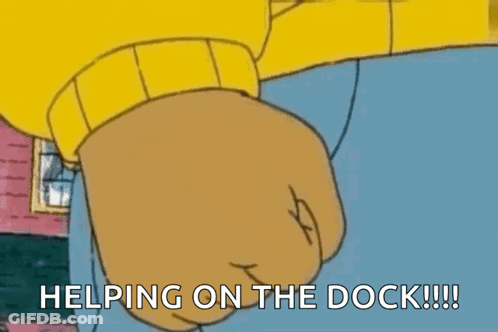 A Cartoon Character Says Helping On The Dock With His Fist In The Air GIF
