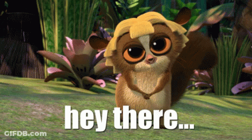 A Cartoon Character Says Hey There In Front Of A Lush Green Forest GIF
