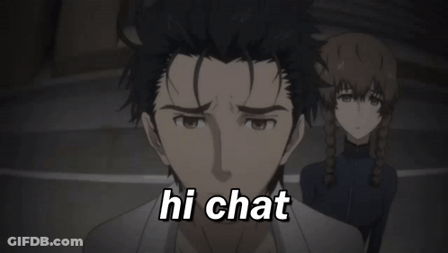 A Cartoon Character Says Hi Chat In Front Of Another Character GIF