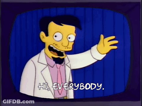 A Cartoon Character Says Hi Everybody On A Blue Background GIF