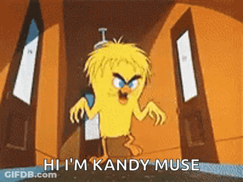 A Cartoon Character Says Hi I 'M Kandy Muse In Front Of A Door GIF