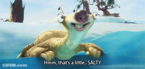 A Cartoon Character Says " Hmm That 'S A Little Salty " In The Water GIF