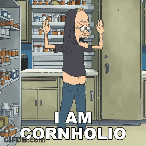 A Cartoon Character Says I Am Cornholio In Front Of A Pharmacy GIF