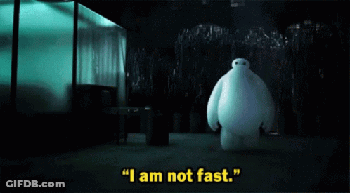 A Cartoon Character Says " I Am Not Fast " In A Dark Room . GIF