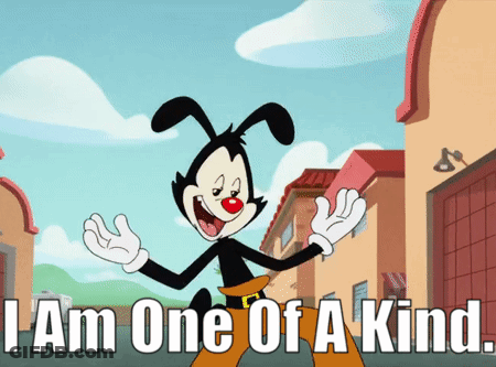 A Cartoon Character Says " I Am One Of A Kind " In Front Of A Building GIF