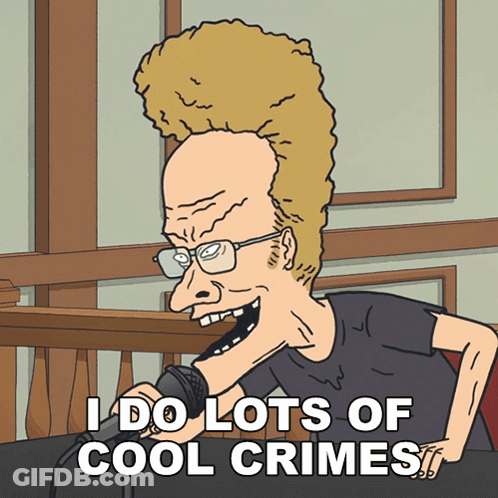 A Cartoon Character Says " I Do Lots Of Cool Crimes " While Holding A Microphone GIF
