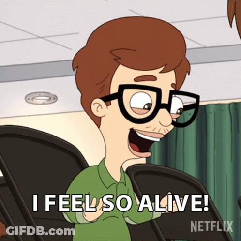 A Cartoon Character Says " I Feel So Alive " While Wearing Glasses GIF