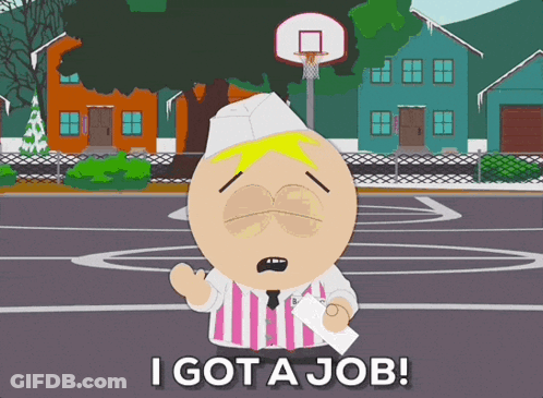 A Cartoon Character Says I Got A Job In Front Of A Basketball Hoop GIF