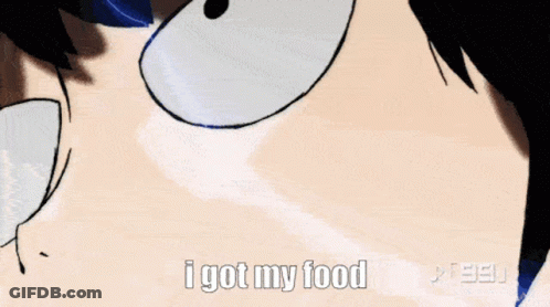 A Cartoon Character Says " I Got My Food " In Front Of A Purple Light GIF