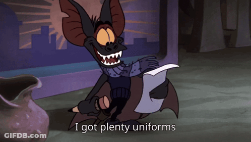 A Cartoon Character Says " I Got Plenty Uniforms " While Holding A Pencil GIF