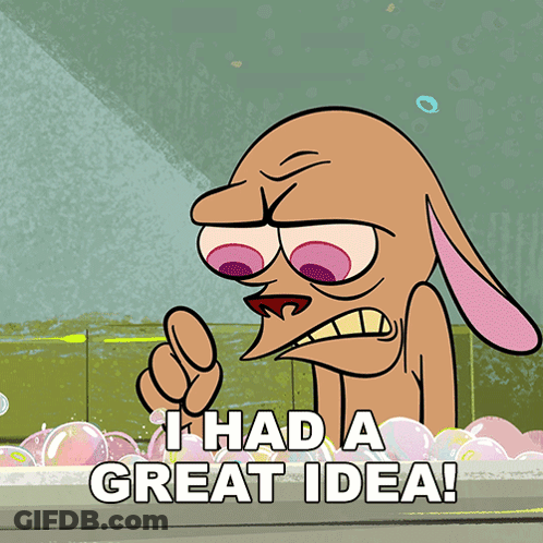A Cartoon Character Says " I Had A Great Idea " In A Bathroom GIF