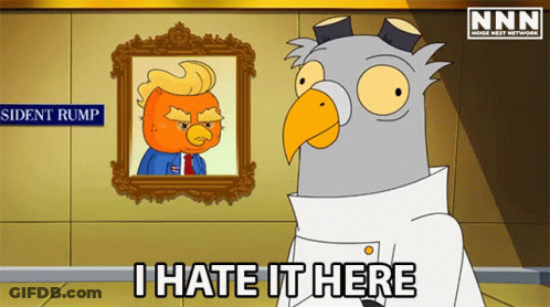 A Cartoon Character Says I Hate It Here In Front Of A Framed Picture Of Donald Trump GIF
