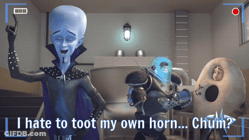 A Cartoon Character Says " I Hate To Toot My Own Horn " GIF