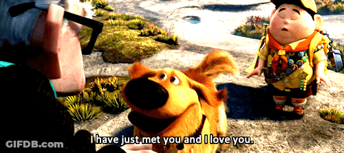 A Cartoon Character Says " I Have Just Met You And I Love You " In Front Of A Dog GIF