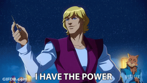 A Cartoon Character Says " I Have The Power " In Front Of A Cat GIF