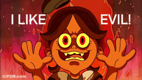A Cartoon Character Says I Like Evil With A Fire Background GIF