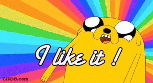 A Cartoon Character Says I Like It In Front Of A Rainbow Background GIF