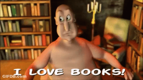 A Cartoon Character Says " I Love Books " In Front Of A Bookshelf GIF