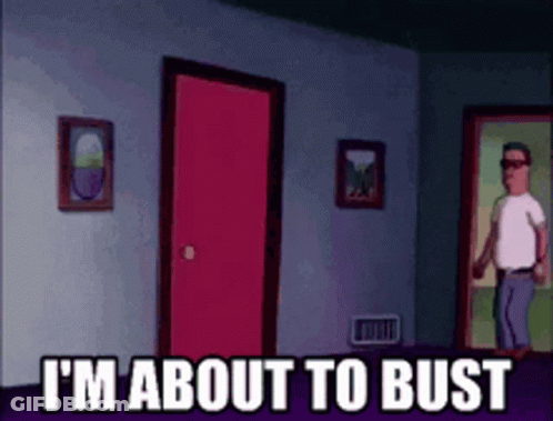 A Cartoon Character Says I 'M About To Bust In Front Of A Red Door GIF