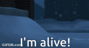 A Cartoon Character Says I 'M Alive In Front Of A Building GIF