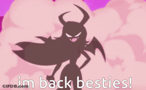 A Cartoon Character Says I 'M Back Besties In A Pink Background GIF