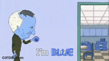 A Cartoon Character Says I 'M Blue In Front Of A Doorway GIF