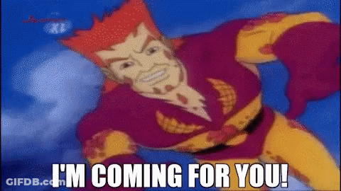 A Cartoon Character Says I 'M Coming For You While Flying Through The Air GIF