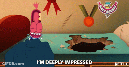 A Cartoon Character Says I 'M Deeply Impressed In Front Of A Bed With A Hole In It GIF